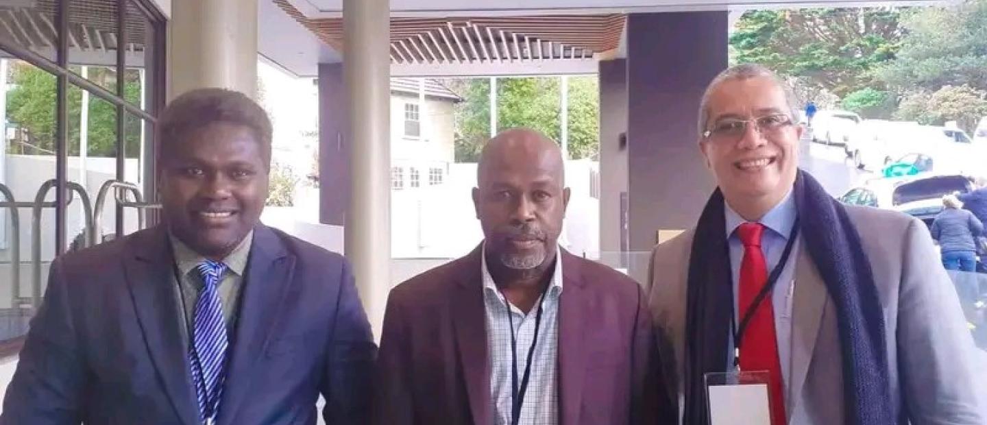 Mr. Heston Rence (PAC Secretariat) (Left), Hon. Douglas Ete (Chairman PAC) (Middle), and Mr. David Dennis (Auditor General) (Right)