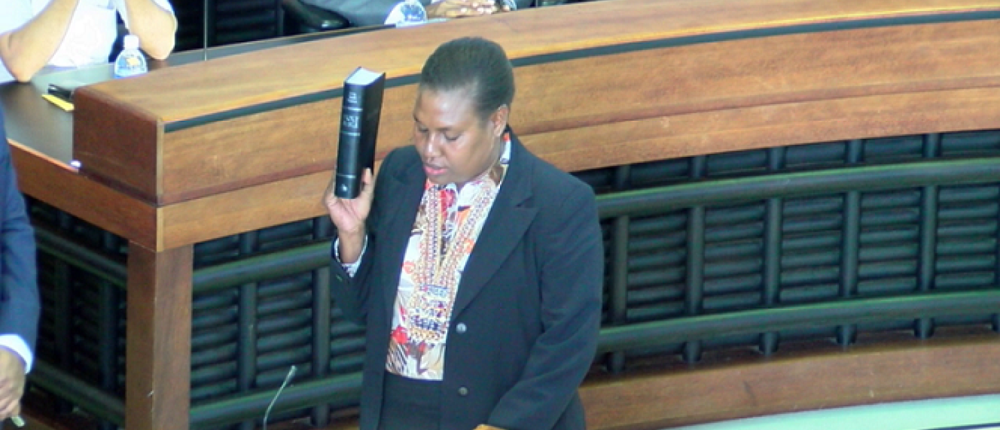 Newly elected MP for East Makira, Hon. Lily Maefai taking her oath on the floor of Parliament.