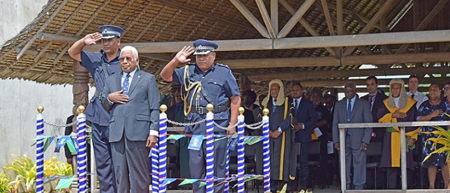 ​​​​​​​His Excellency the Governor General, the Rt Reverend Sir. David Vunagi during the national anthem at National Parliament.